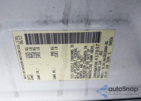 2017 Nissan Maxima 3.5 Sv из США, поврежденный, VIN 1N4AA6AP3HC437037